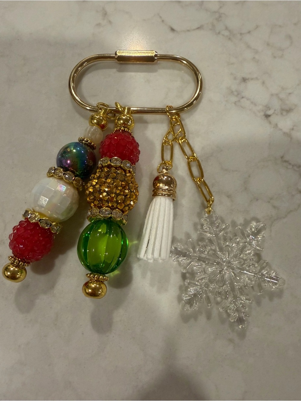 Gold Keyring Charm with Green, Red and White Beads snowflake holiday